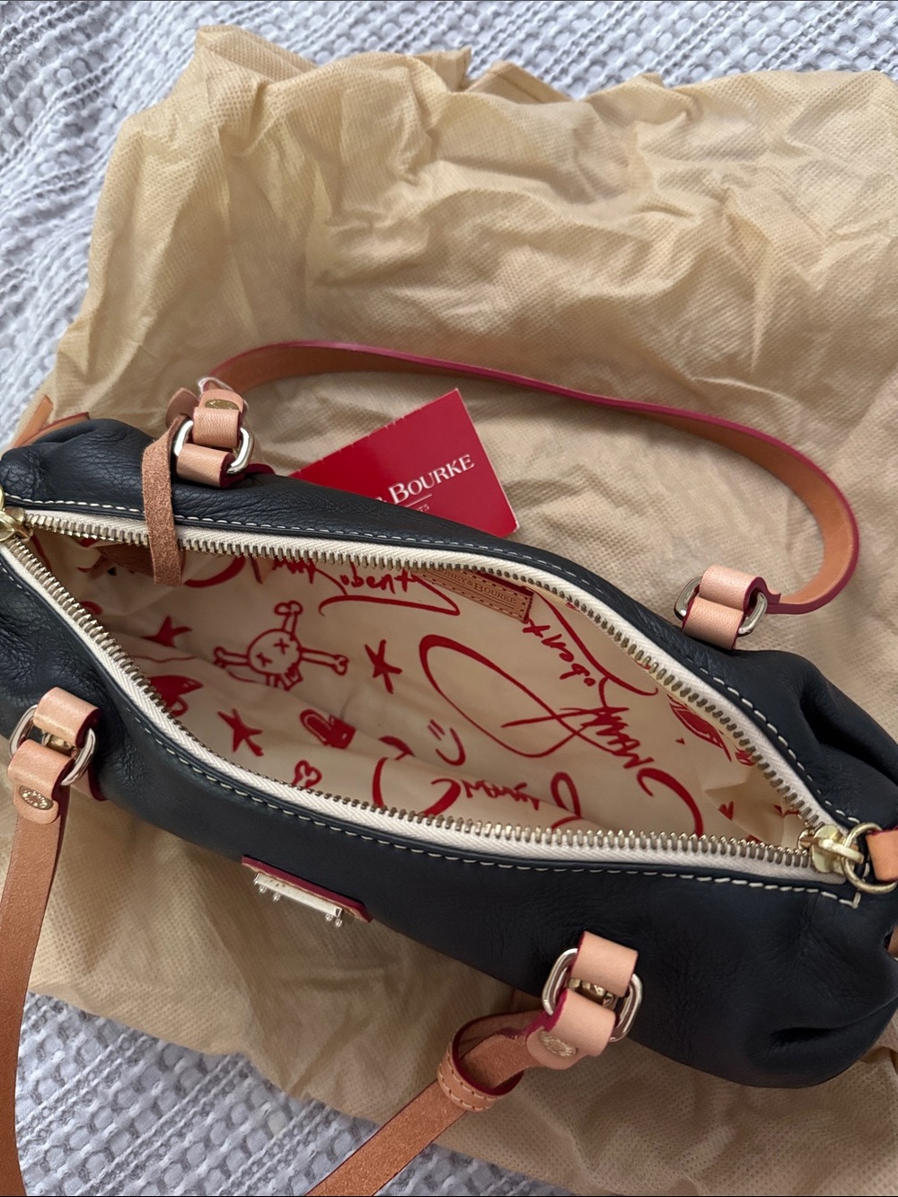 Dooney & Bourke Black Leather Shoulder Bag with Tan Straps and Coral Edge - Picture 2 of 7